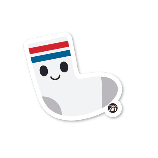 A die-cut vinyl sticker in the shape of a smiling sock with a red, white, and blue design.