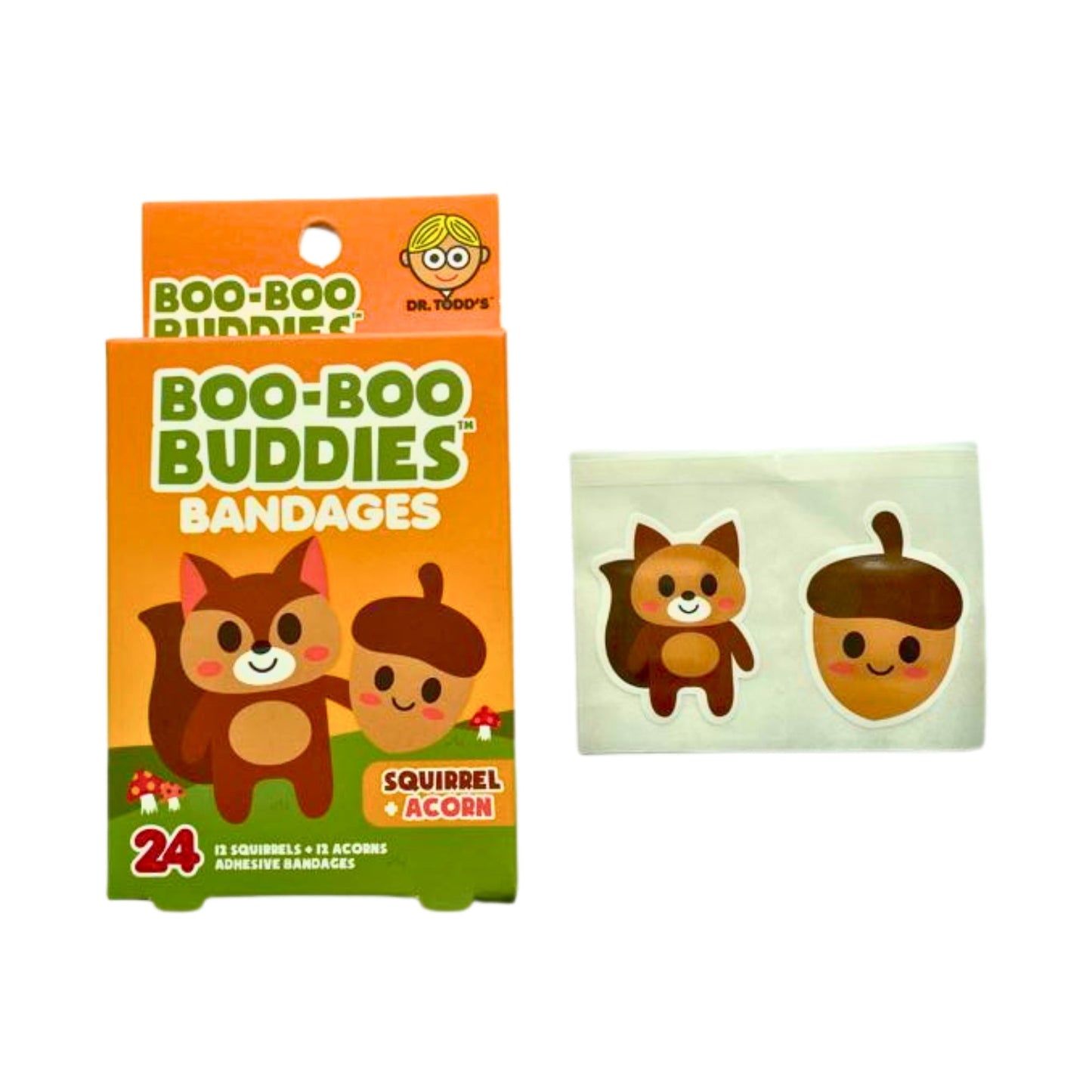 Orange box of Boo-Boo Buddies Bandages featuring Squirrel and Acorn designs with 24 adhesive bandages (12 squirrel + 12 acorn), shown with actual bandage shapes.