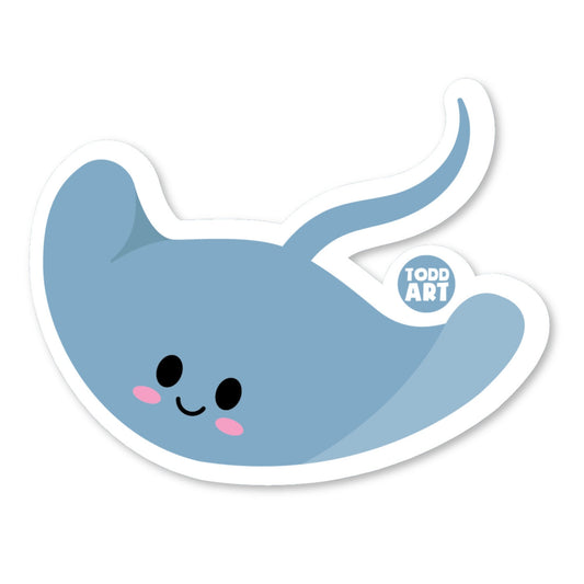 Cute kawaii stingray vinyl sticker — glossy 3″ die‑cut with smiling wings for fun ocean-themed collections