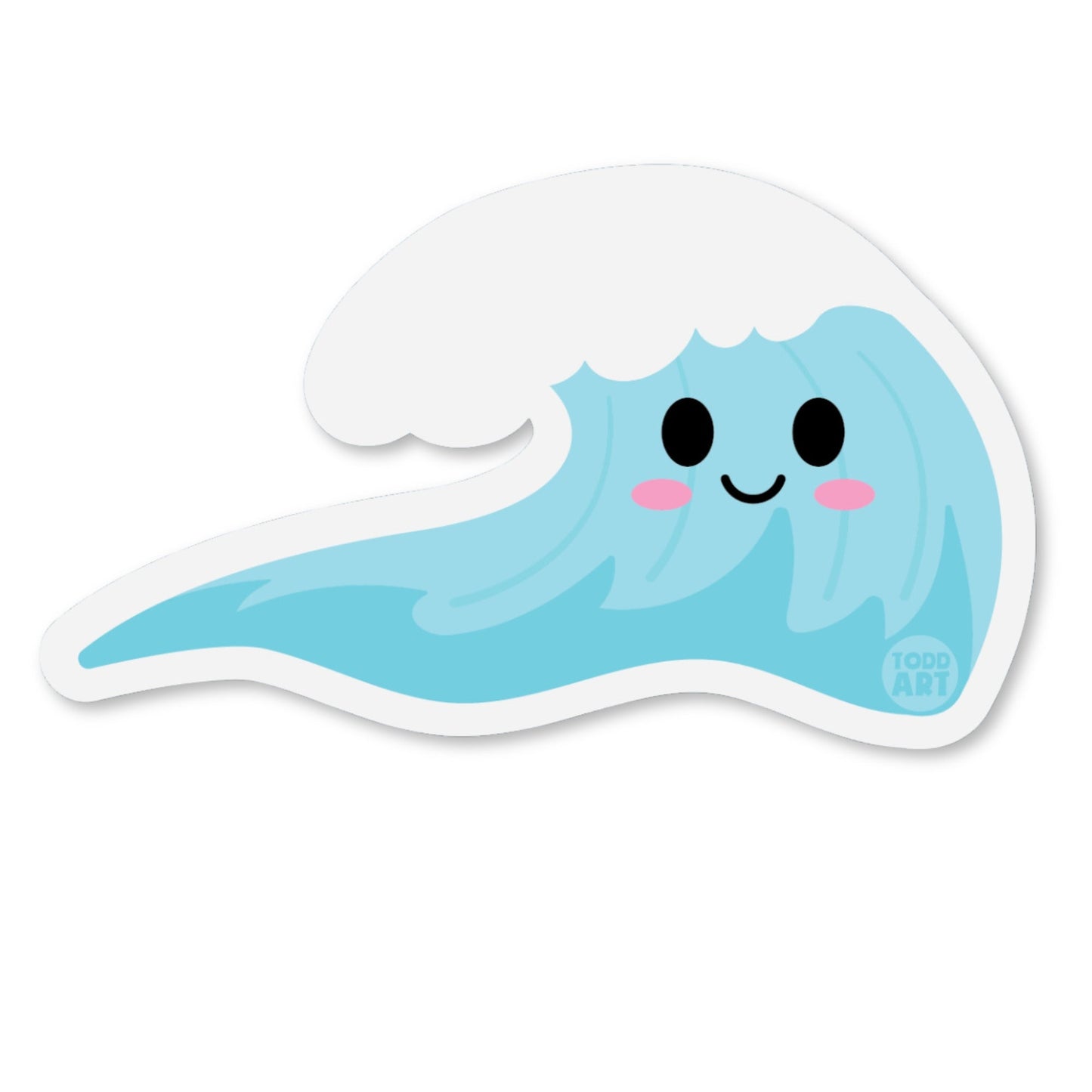 Cute kawaii surf wave vinyl sticker — glossy 3″ die‑cut with curling blue wave for fun beach collections