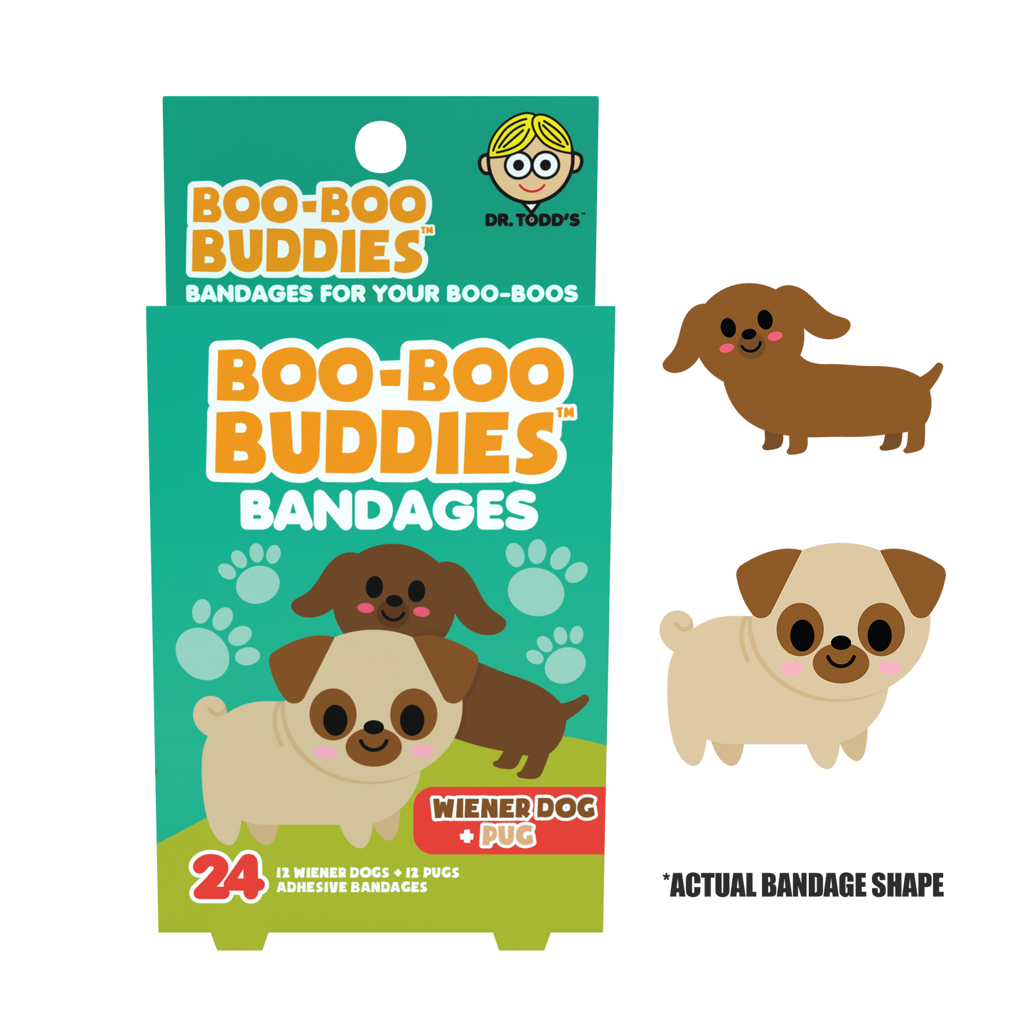 Kids Bandages – Wiener Dog + Pug (24 Count, Latex-Free)