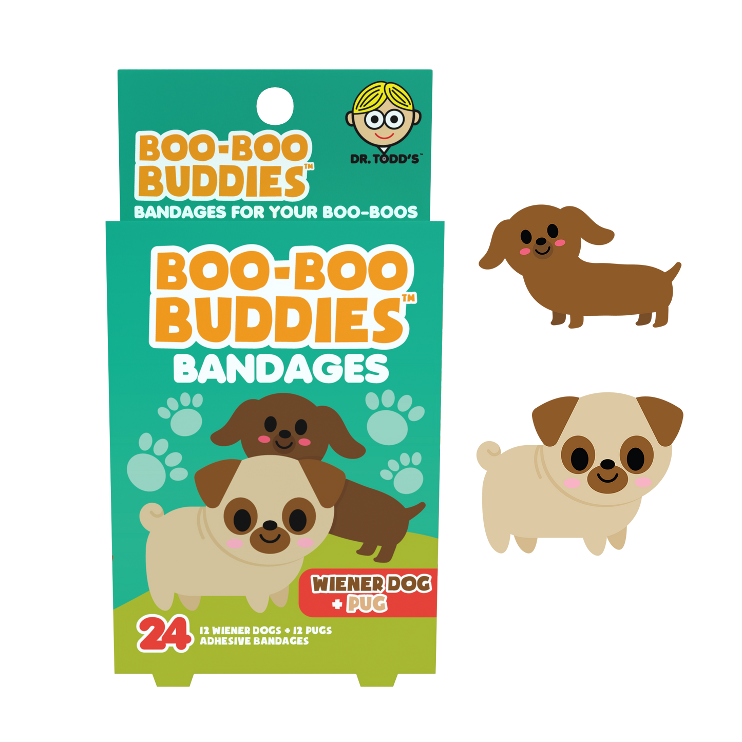 Kids Bandages – Wiener Dog + Pug (24 Count, Latex-Free)