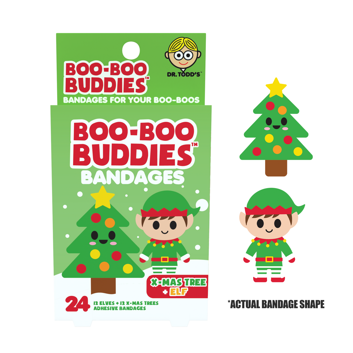 Kids Bandages – Christmas Tree + Elf (24 Count, Latex-Free)