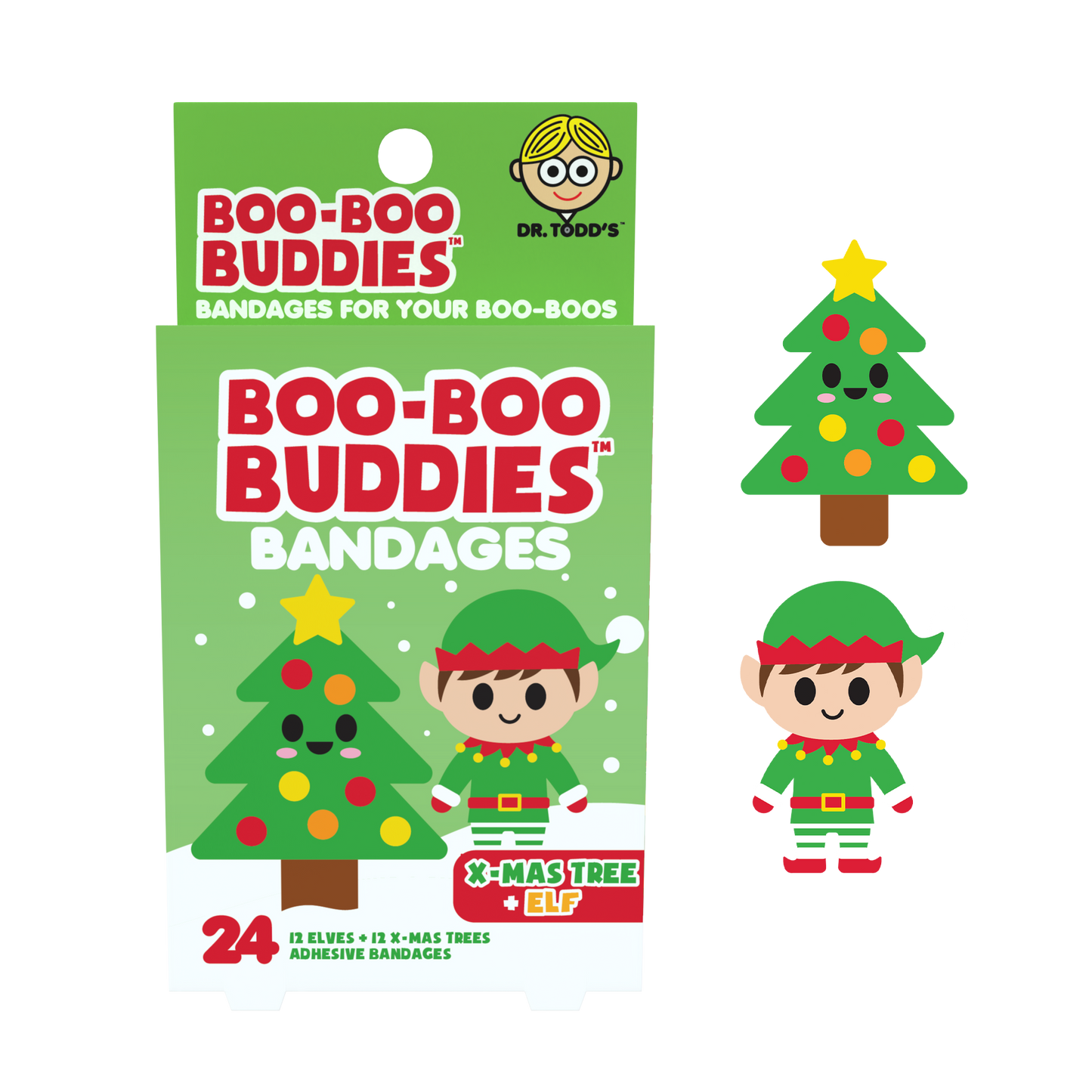 Kids Bandages – Christmas Tree + Elf (24 Count, Latex-Free)
