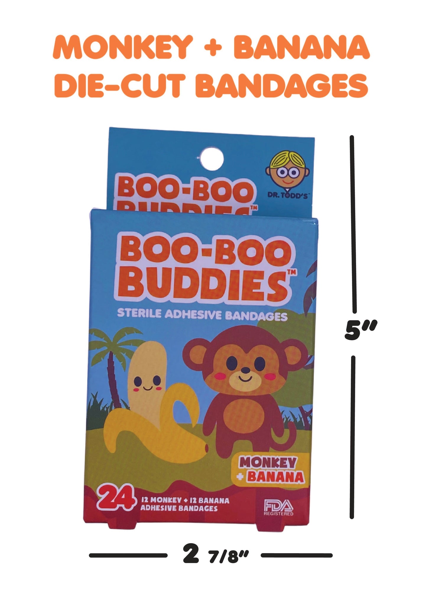 Kids Bandages – Monkey + Banana (24 Count, Latex-Free)