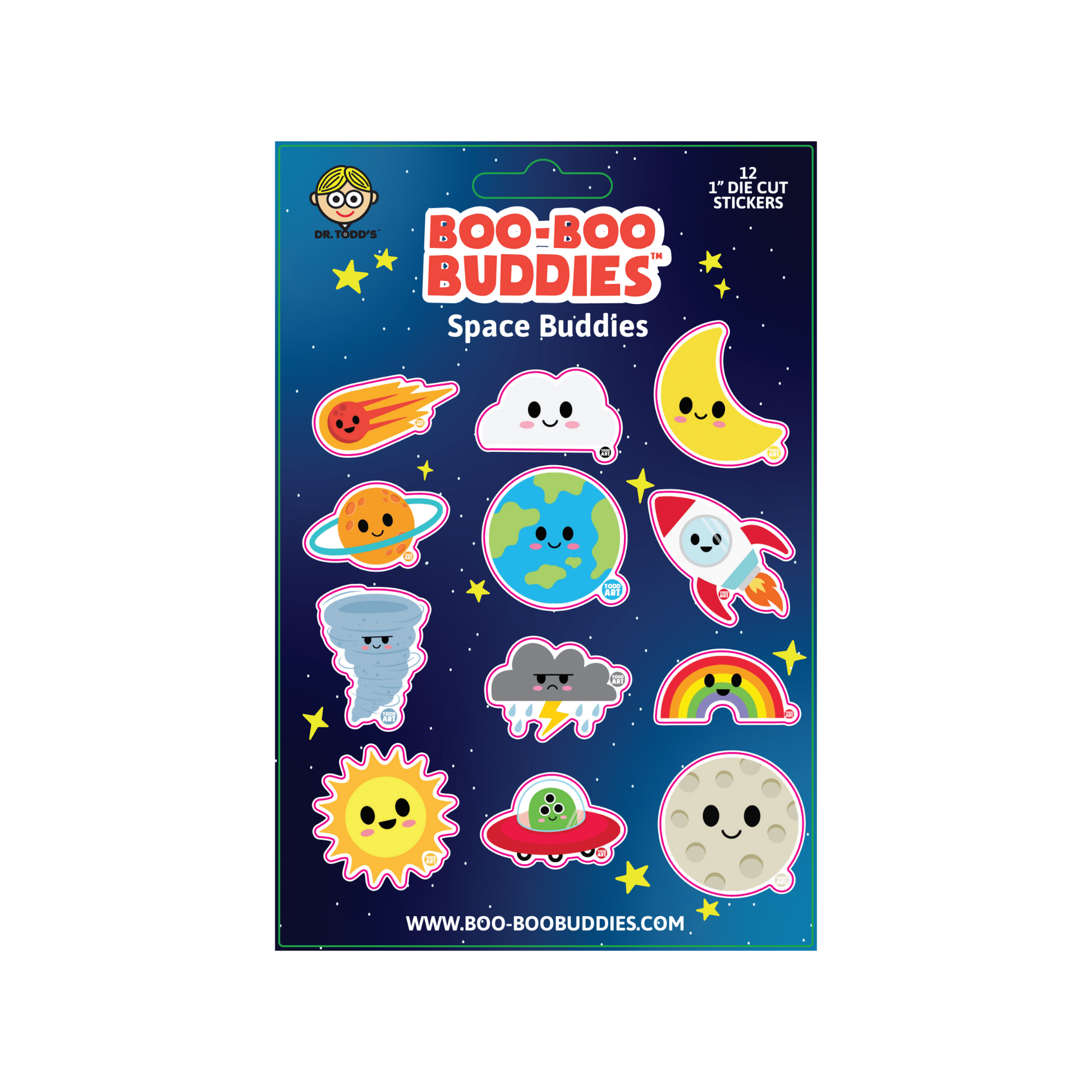 A sheet of colorful vinyl stickers with various cute character designs in a space theme, including a moon, a rocket, and a cloud.