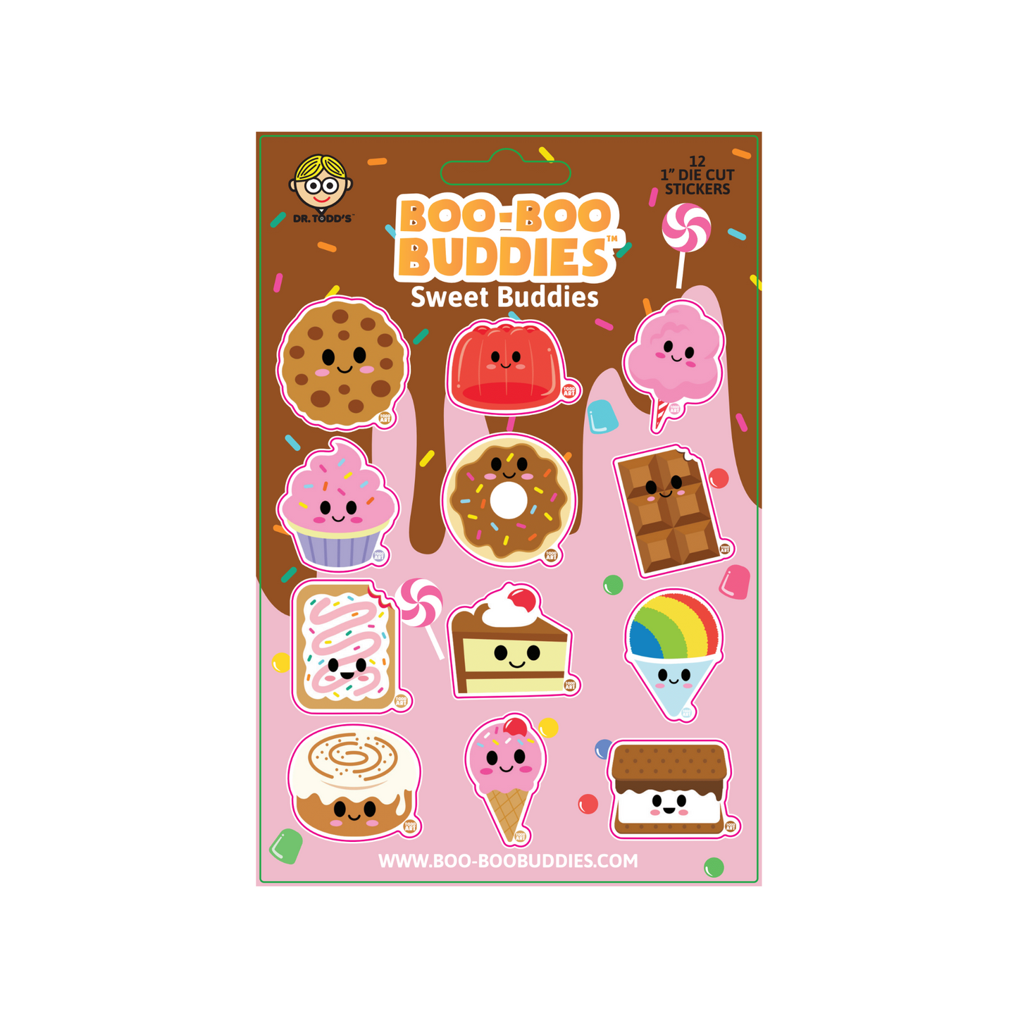 Junk Food Buddies Sticker Sheet with 12 kawaii-style vinyl stickers including burgers, fries, pizza, and soda with cute cartoon faces.
