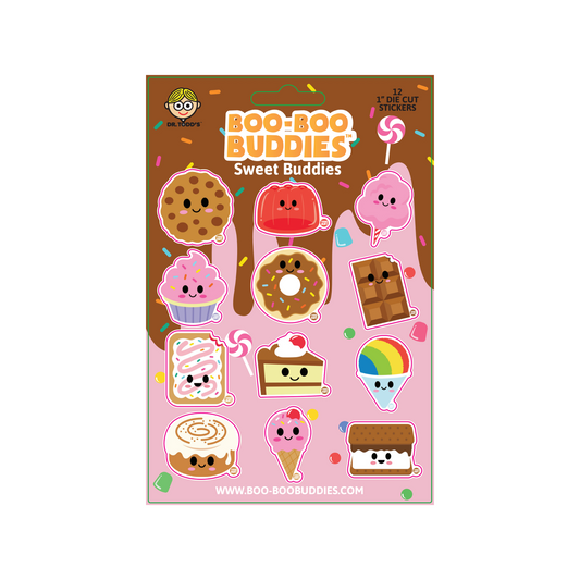 Junk Food Buddies Sticker Sheet with 12 kawaii-style vinyl stickers including burgers, fries, pizza, and soda with cute cartoon faces.