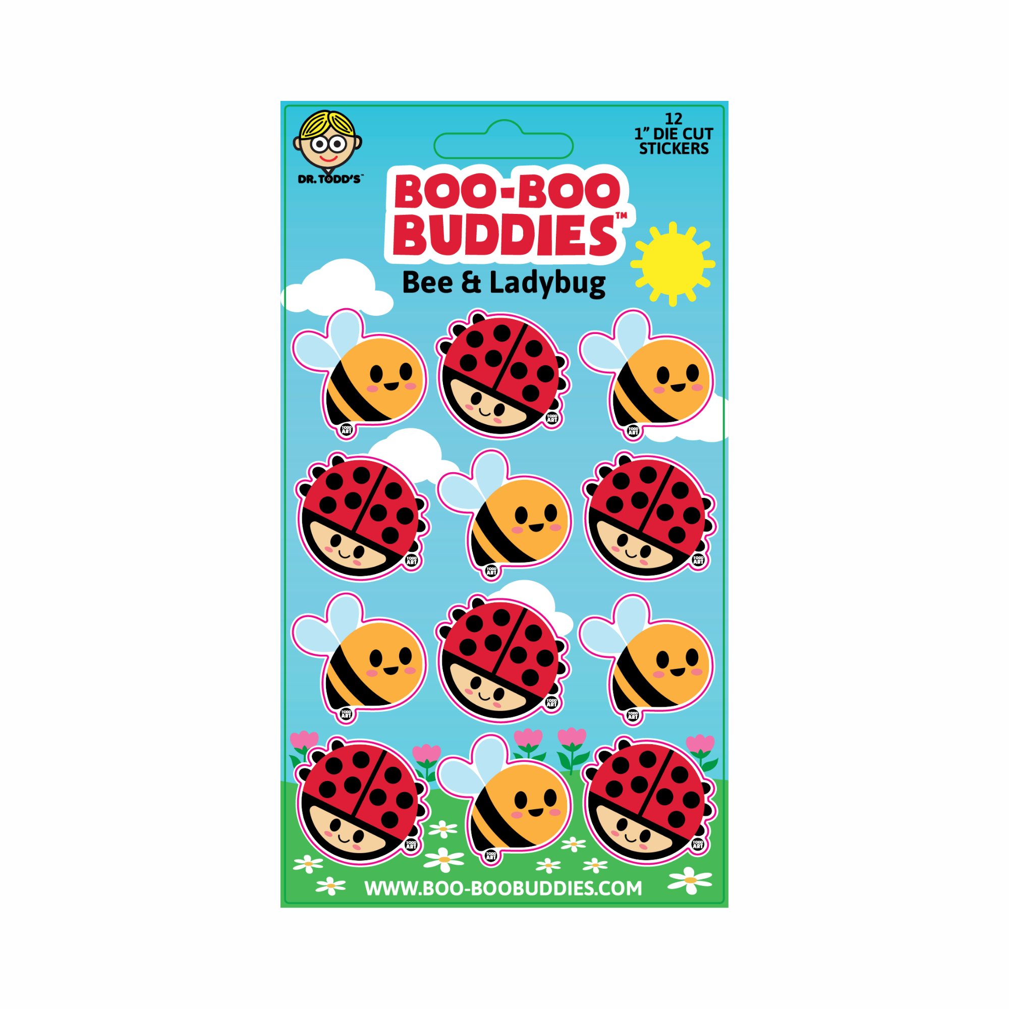 Bright 1-inch vinyl stickers with cheerful bees and ladybugs—perfect for decorating kids' crafts, notebooks, lunchboxes, and water bottles.
